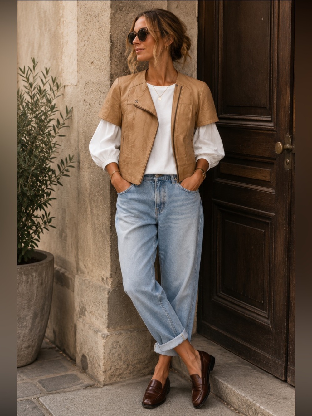 Vegan Leather BCBGMaxAzria Tan Short-Sleeve Top